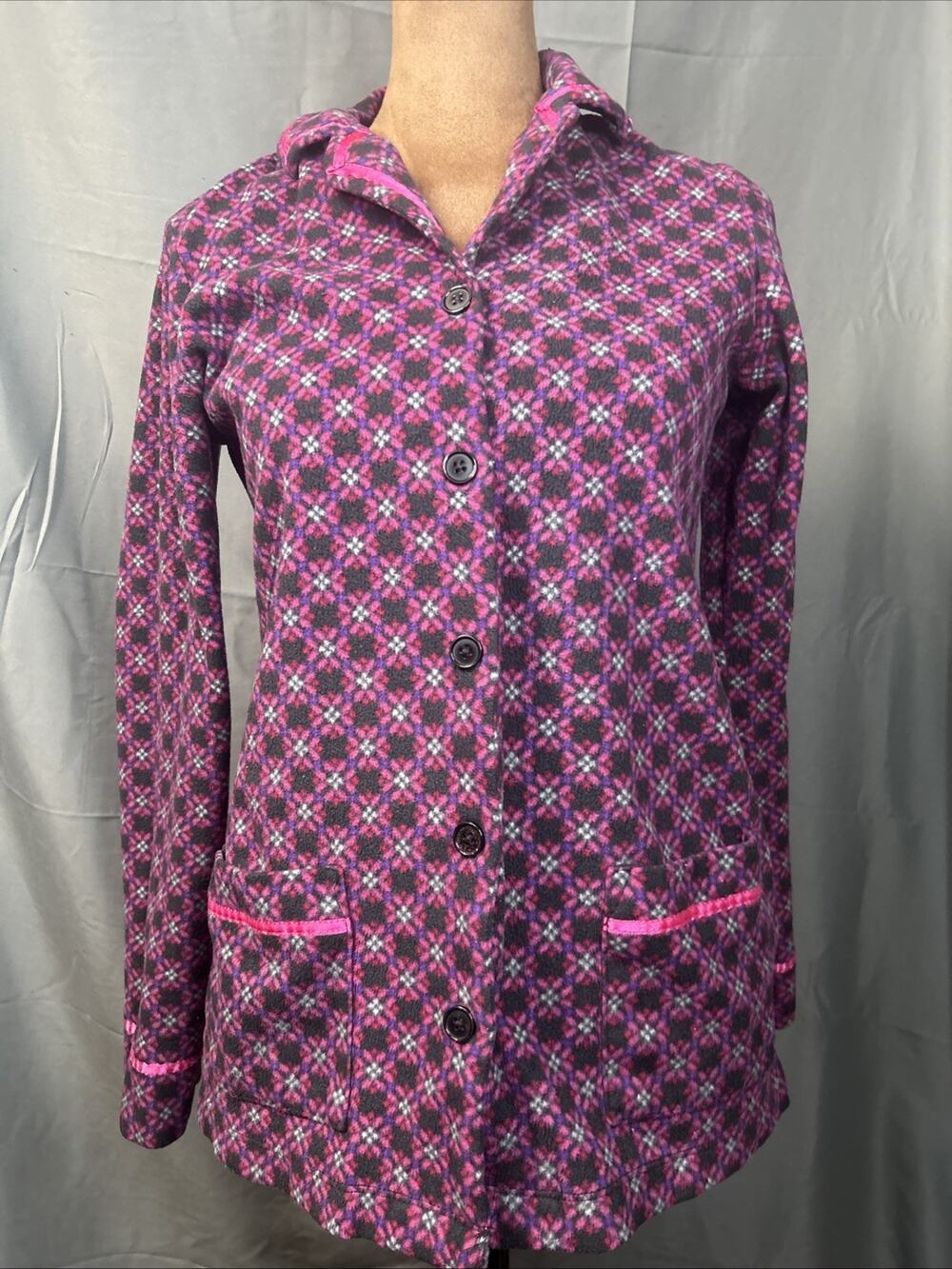 Anne Klein Fleece Pajama Top Small Pink Purple Geometric Button Up Soft